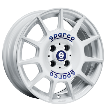 pneumatiky - 7x16 4x100 ET37 Sparco Terra weiss weiY + blaue Beschriftung kolobezka Rfky / Alu palivo Toora pneumatiky